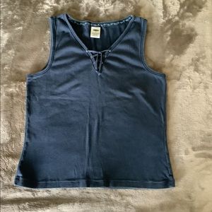 Old Navy Tank Top, Ladies Large with Floral Trim and Tie Detail. Dark Blue - EUC